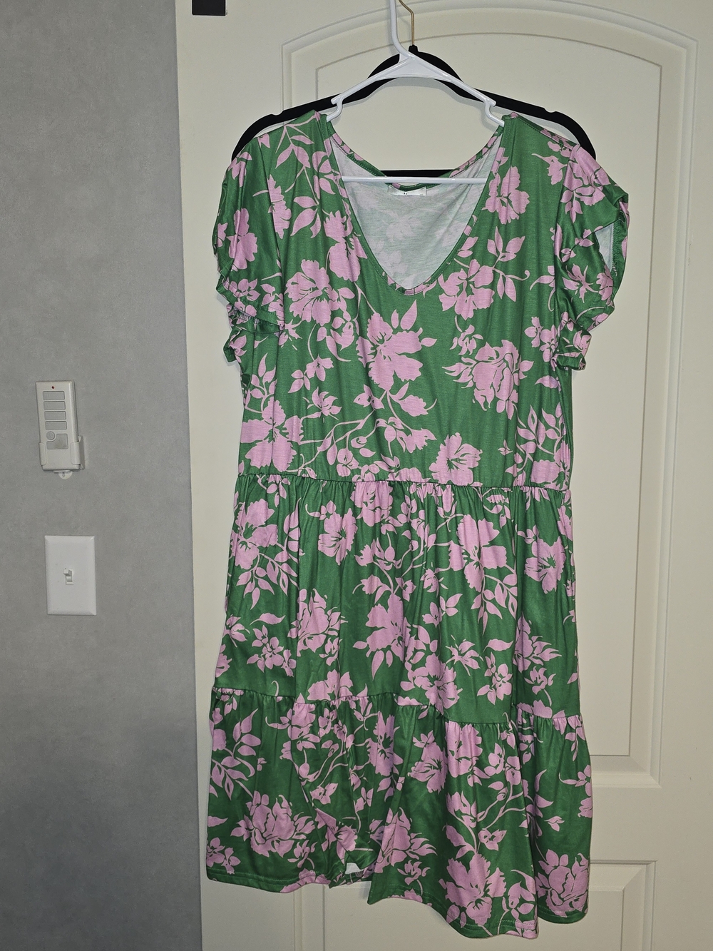 Green Floral V-Neck Women's Dress with Pink Print